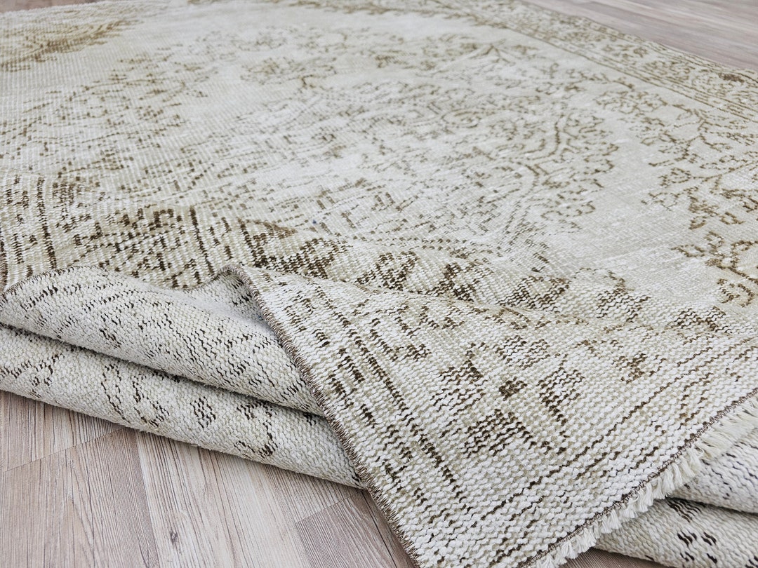6x9 Hand Made Wool Rug, Decorative Neutral Area Rug, Turkish Vintage