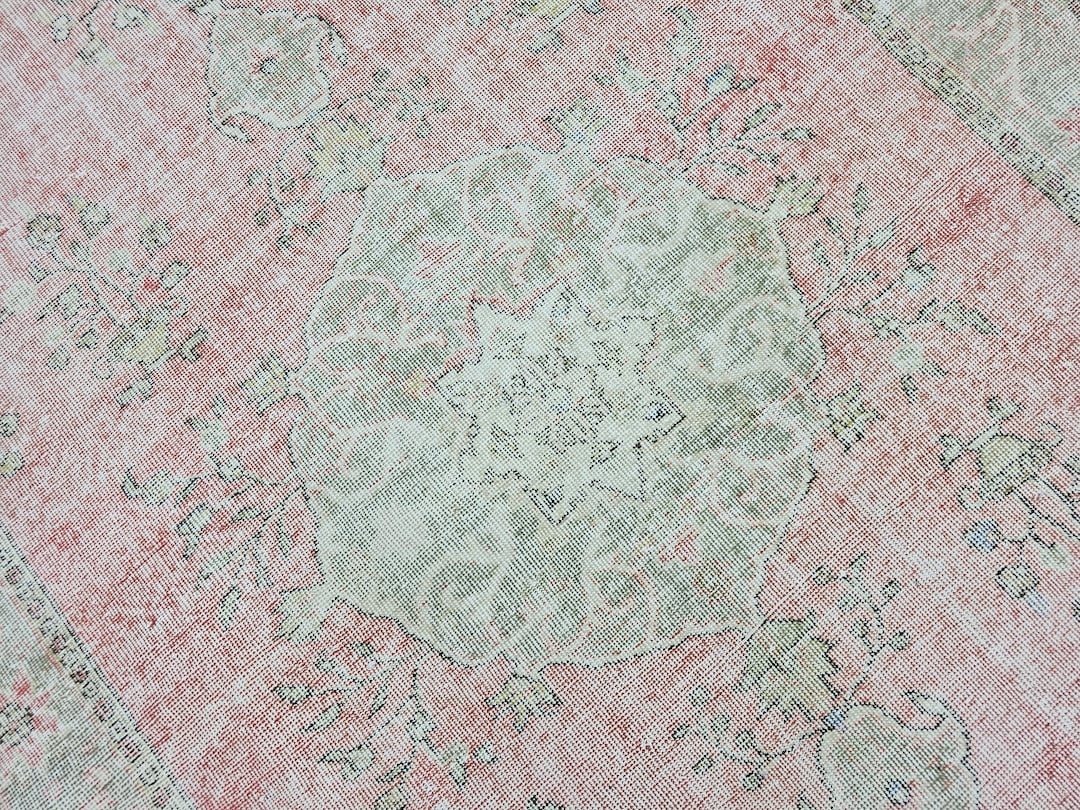 Sage Green and Pink Vintage Turkish Rug, Hand Made Antique Home Decor