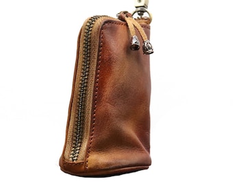 Handmade Leather Key Bag,Handmade Leather Zip Car Key Holder,Leather Keychain With Zip Key Pouch,Leather Car Keychain,Key Bag