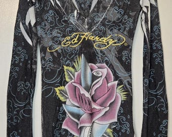 Vintage Y2K Ed Hardy damestrui grijze trui bloemenjurk Shark Rose XS AOP