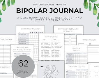 Bipolar Disorder Journal for Bipolar Symptom Tracker Bipolar Therapy Planner for Bipolar Disorder Worksheets Printable Bipolar Journal