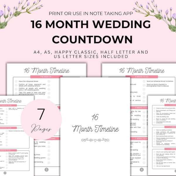 16 Month Wedding Planning Checklist 16 Month Checklist Printable Sixteen Month Wedding Countdown to Wedding Planner Gift for Bride Gift