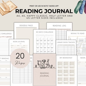 Pacchetto di pianificatori di lettura, diario di lettura stampabile, modello di sfida di lettura digitale per la recensione di libri, registro dei libri da leggere, scaffale per libri