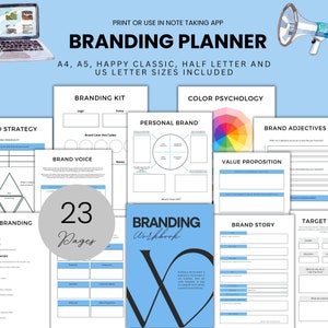 Planificador de marca Cuaderno de trabajo de estrategia empresarial Plantilla de kit de marca Tablero de estado de ánimo para pequeñas empresas Hoja de trabajo imprimible de visión de marca Marca personal