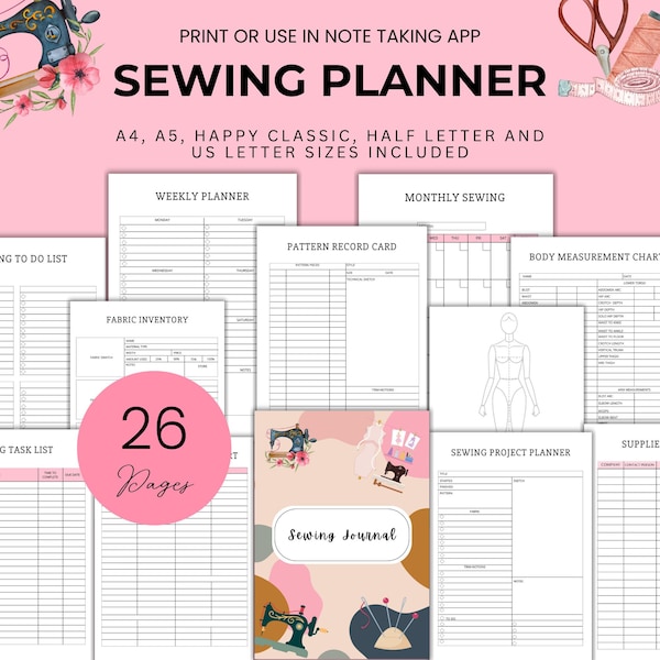 Sewing Planner for Seamstress Journal Sewing Printable Sewing Checklist Sewing Pattern Record of Fabric Log Digital Fashion Design Planner