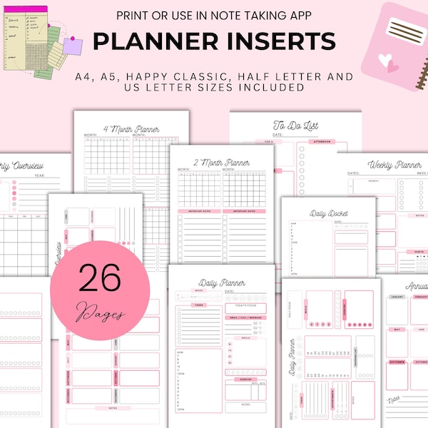 Undated Planner Inserts Daily Weekly Monthly Journal Inserts Blank Personal Agenda Templates Printable Refill Sheets for Diary Inserts Blank