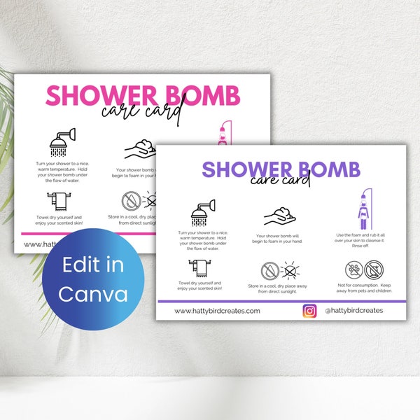Editable Shower Bomb Care Card Scented Fragranced Shower Fizz Care Card Digital Shower Bomb Safety Guide Shower Foam Packing Insert