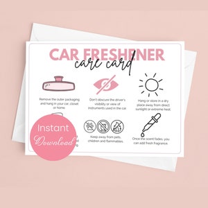 Auto Freshie Care-kaart afdrukbaar, geurverspreider instructies bijvoegsel, informatiekaart geurveiligheid pdf, png, autoverfrisser bedankt
