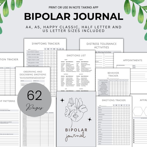 Bipolar Disorder Journal for Bipolar Symptom Tracker Bipolar Therapy Planner for Bipolar Disorder Worksheets Printable Bipolar Journal