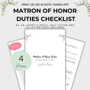 Matron of Honor Planner Checklists Maid of Honor Duties Printable Wedding Planning Bundle Checklist Template Matron of Honor Gift