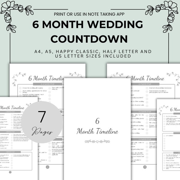 6 Month Wedding Planning Checklist Printable Six Month Wedding Countdown to Wedding Step by Step Guide Gift for Bride Checklist Template