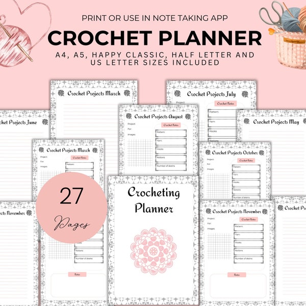 Printable Crochet Planner for Crocheting Record Log of Crochet Project Template Yarn Crafting Diary Crochet Projects Hook and Yarn organizer