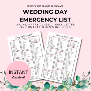 Bride Checklist for Wedding Day Emergency Printable Checklist for Bride Wedding Day Binder Template Wedding Planner List for Bride Gift