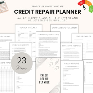 Planificador de reparación de crédito Diario de presupuesto imprimible Rastreador de puntaje crediticio Plantilla de carta de disputa crediticia Rastreador de pago de deuda Finanzas digitales