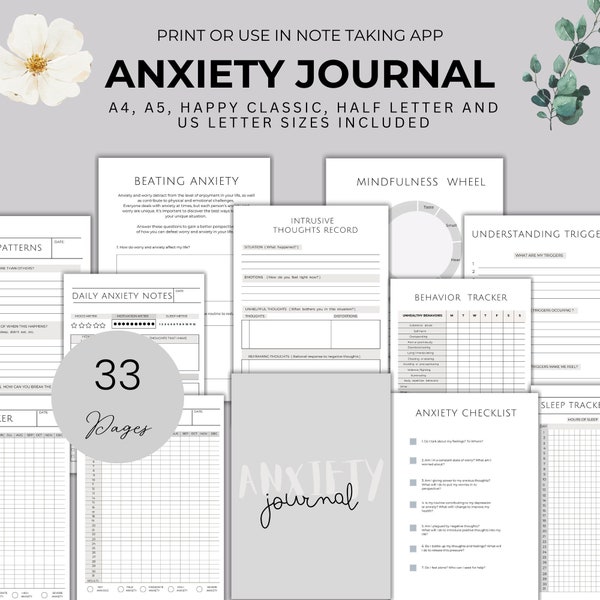 Printable Anxiety Journal Digital Mental Health Planner Wellbeing Goodnotes Daily Self Care Journal for Therapy Anxiety Workbook
