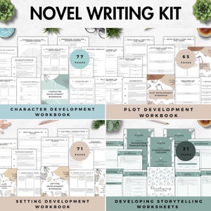 May include: A set of printable novel writing workbooks with green and brown floral designs. The workbooks include character development, plot development, setting development, and developing storytelling worksheets. The workbooks have a total of 77, 65, 71, and 21 pages.