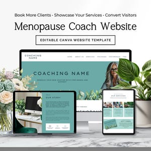 May include: An editable Canva website template for a menopause coach, displayed on a desktop monitor, laptop, and tablet screen. The design features a teal color palette, professional typography, and sections for services, testimonials, and an about page.