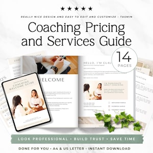 Puede incluir: Una plantilla digital de guía de precios y servicios de coaching de 14 páginas, mostrada como un folleto abierto y una pantalla de tableta. El diseño incluye encabezados de texto como Coaching Pricing and Services Guide, Welcome e I'm Passionate About Coaching.