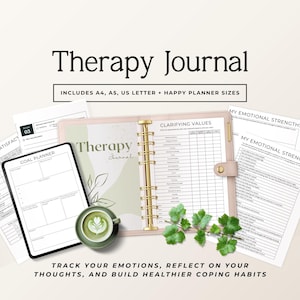 Therapy Journal Printable | Mental Health Planner | CBT Workbook & Anxiety Journal | Mood Tracker | Self Reflection PDF | A4 and US Letter