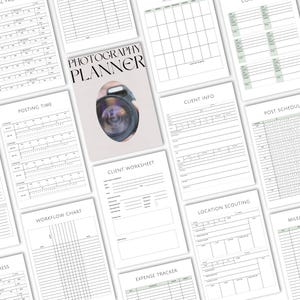 May include: A photography planner set featuring a cover with the text Photography Planner and a camera lens graphic. The collection includes various printed pages with headers such as Client Info, Posting Time, Workflow Chart, and Location Scouting.