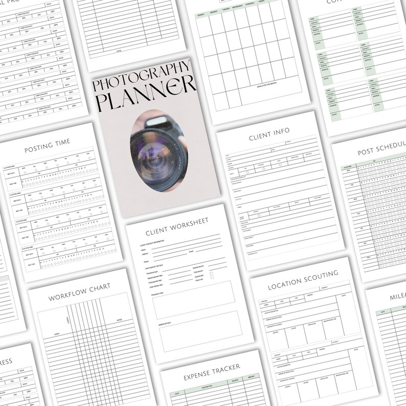 May include: A photography planner set featuring a cover with the text Photography Planner and a camera lens graphic. The collection includes various printed pages with headers such as Client Info, Posting Time, Workflow Chart, and Location Scouting.