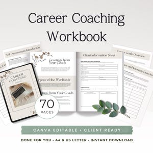 Pode incluir: Um workbook de coaching de carreira com o título "Career Coaching Workbook" em um design minimalista. O workbook inclui 70 páginas e apresenta um laptop na capa. O texto "CANVA EDITABLE • CLIENT READY" também é visível.