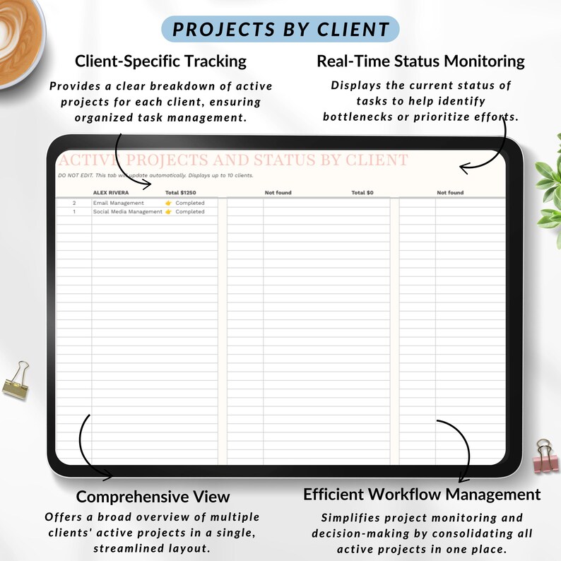 Daily task planner for virtual assistant workflow optimization
Client and task management spreadsheet for freelancers