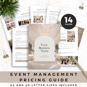 May include: A stack of event planning documents with the text "Your Business Name" and "Event Management Pricing Guide." The documents include photos of event spaces and text detailing services offered. The guide is available in A4 and US letter sizes.