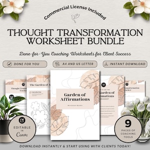 Gedanken Transformation Arbeitsblätter für Life Coaches, Positives Mindset Journal Bundle, Canva Affirmation Tracker, Coaching druckbares Werkzeug