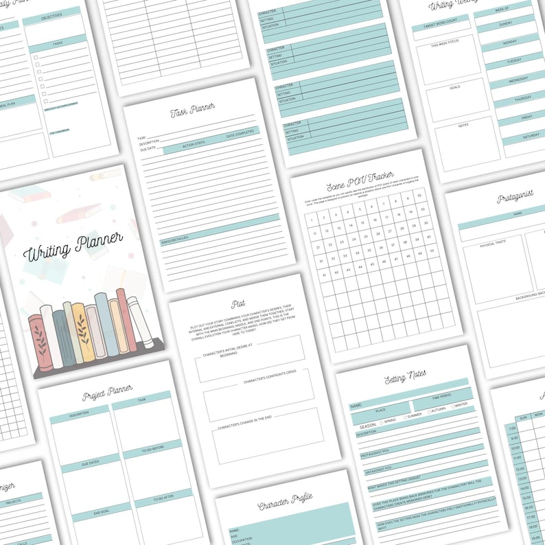 fiction writing planner printable with character profiles and outlines
writing journal for authors with goals, habits, and revision notes