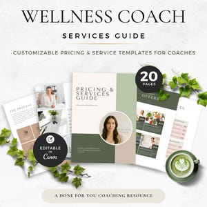Guia de Preços para Coaches de Bem-Estar, Modelo Canva, Guia de Serviços de Coaching Editável, Pacote de Boas-Vindas ao Cliente, Lista de Preços, Modelo de Negócios para Coaches de Vida