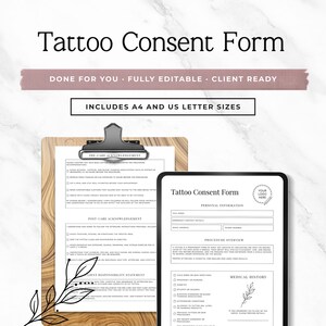 Op de afbeelding: Een digitaal en printbaar toestemmingsformulier voor tatoeages met secties voor persoonlijke gegevens, procedureoverzicht en medische geschiedenis. Het document bevat instructies voor voor- en nazorg, verantwoordelijkheidsverklaringen en ruimte voor een logo.