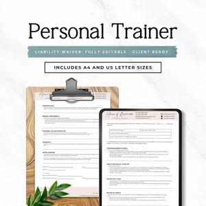 May include: A personal trainer liability waiver document template featuring black text on white paper. The document includes sections for client information, risk acknowledgement, and signatures, available in A4 and US letter sizes for professional use.