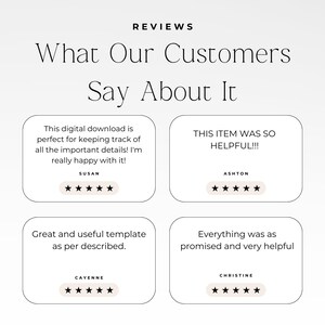 Op de afbeelding: Een grafische weergave met de titel REVIEWS What Our Customers Say About It, met vier klantbeoordelingen in afgeronde rechthoekige kaders. Elke beoordeling bevat een vijfsterrenbeoordeling, de klantnaam en tekst van Susan, Ashton, Cayenne en Christine.