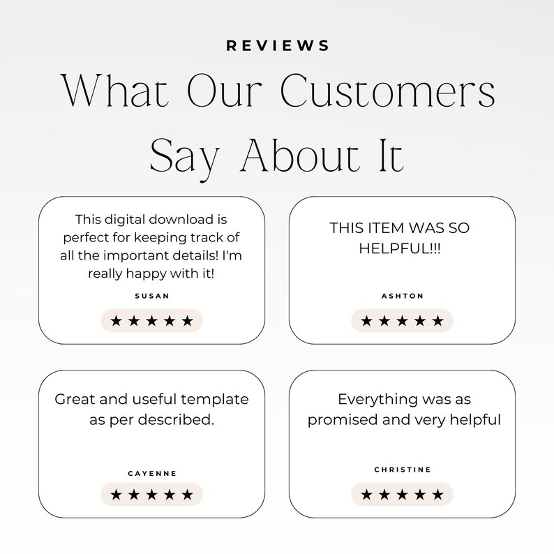 Op de afbeelding: Een grafische weergave met de titel REVIEWS What Our Customers Say About It, met vier klantbeoordelingen in afgeronde rechthoekige kaders. Elke beoordeling bevat een vijfsterrenbeoordeling, de klantnaam en tekst van Susan, Ashton, Cayenne en Christine.