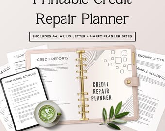May include: A printable credit repair planner set featuring a blush pink binder with gold rings, multiple document pages including credit reports and enquiry letters, a tablet displaying contact agencies, and a cup of matcha latte with leaf art.
