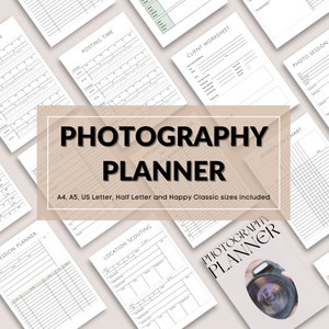 May include: A printable photography planner with pages for appointments, client worksheets, location scouting, workflow charts, and photo sessions. The planner is available in A4, A5, US Letter, Half Letter, and Happy Classic sizes.