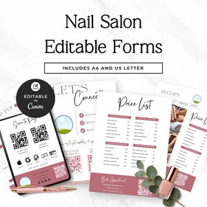 May include: A set of editable nail salon forms featuring a price list, a scan to pay sheet with QR codes, and a contact sheet. The documents are printed on white paper with dusty rose accents, accompanied by a rose gold pen and a bottle of nail polish.