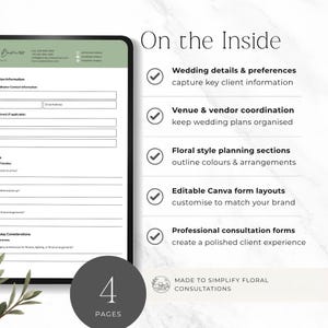 May include: A digital document template for floral business consultations featuring a sage green header with contact fields and a list of features including wedding details, venue coordination, floral planning, and editable Canva layouts across 4 pages.