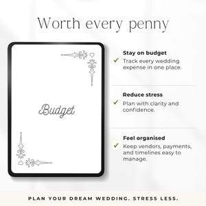 K&ouml;nnte beinhalten: Ein digitaler Hochzeitsbudgetplaner mit dem Text "Worth every penny" oben. Der Planer enth&auml;lt Abschnitte, um im Budget zu bleiben, Stress abzubauen und sich organisiert zu f&uuml;hlen. Der Text "Planen Sie Ihre Traumhochzeit. Weniger Stress" steht unten.