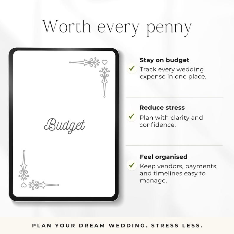 K&ouml;nnte beinhalten: Ein digitaler Hochzeitsbudgetplaner mit dem Text "Worth every penny" oben. Der Planer enth&auml;lt Abschnitte, um im Budget zu bleiben, Stress abzubauen und sich organisiert zu f&uuml;hlen. Der Text "Planen Sie Ihre Traumhochzeit. Weniger Stress" steht unten.