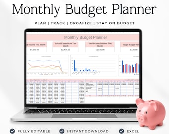 Budget Excel-kalkylblad, månatlig budgetspårare, finansiell planerare, redigerbar budgetmall, sparspårare, personlig ekonomiverktyg P4