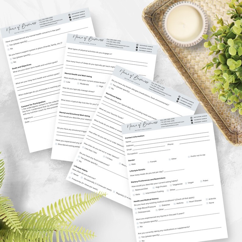Nutrition Coach Client Health Questionnaire Template Editable Food