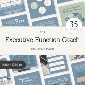 May include: A collection of digital content with the title "The Executive Function Coach Content Pack." The image features various blue and green graphics with text such as "How to Plan & Prioritize" and "How to Improve Working Memory." The image also includes the text "35 Posts."