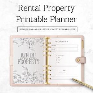 Puede incluir: Una agenda de anillas rosa claro abierta en una página titulada Property # con campos para dirección, precio de compra y tipo de propiedad. La página izquierda presenta arte lineal floral y el texto Rental Property. Incluye un bolígrafo dorado.