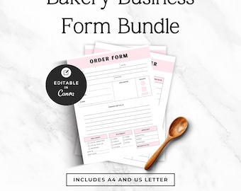 May include: A bakery business form bundle featuring printable order forms with pink accents and black text. The documents include fields for customer details, order specifics, and payment methods. A wooden spoon rests on the papers, and a black circular badge states Editable in Canva. The text includes Bakery Business Form Bundle and Includes A4 and US Letter.