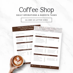 Könnte beinhalten: Eine Checkliste für ein Café mit dem Text "Coffee Shop" und "Daily Operations & Barista Tasks". Die Checkliste umfasst Öffnungs- und Schließverfahren, Aufgaben an der Getränkestation sowie Aufgaben für Essen und Theke. A4- und US-Letter-Formate.