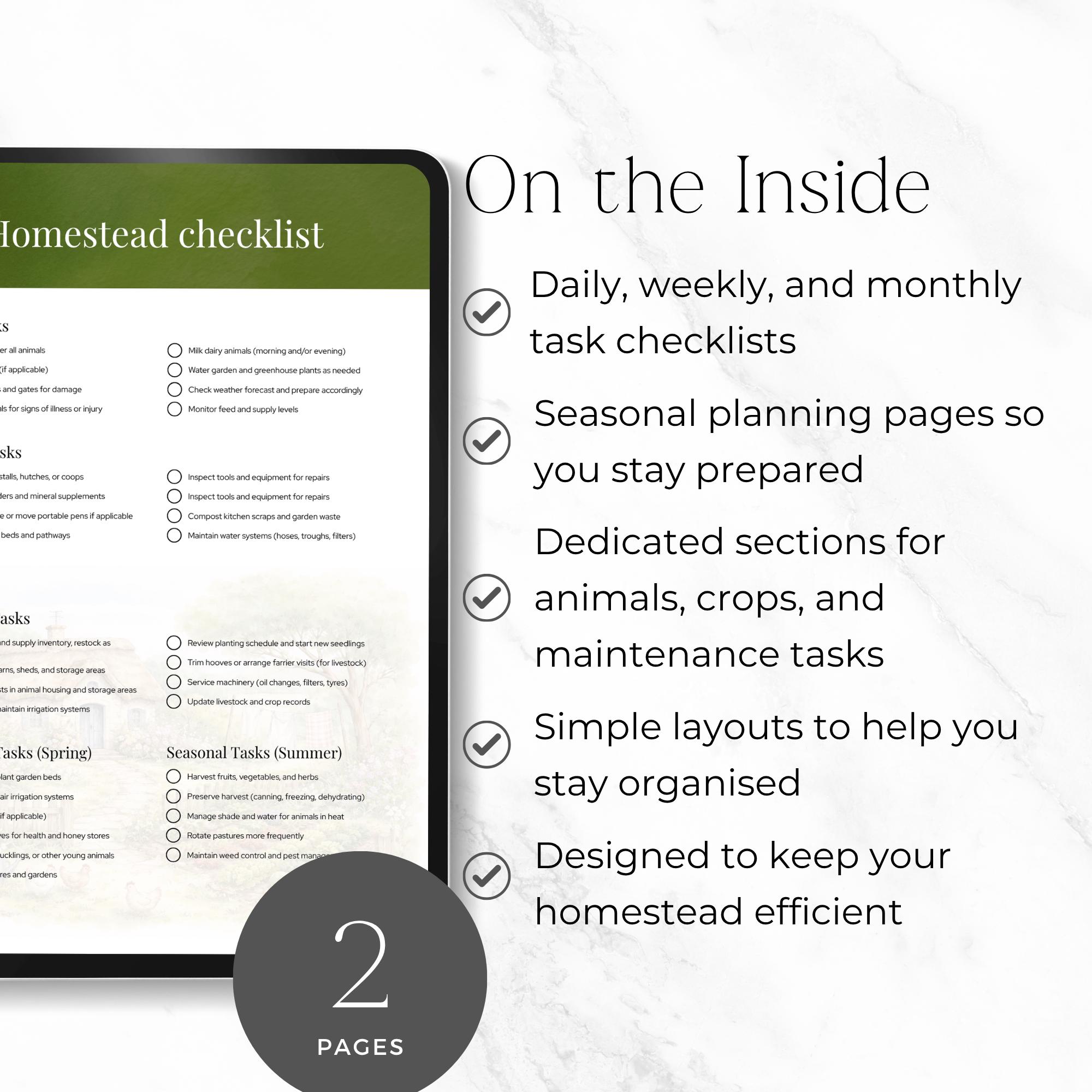 Homestead Checklist Printable, Daily Weekly Seasonal Farm Tasks ...