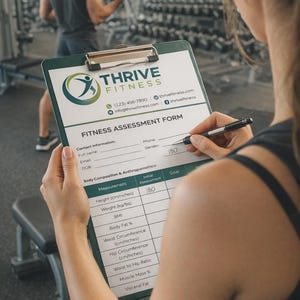 May include: A fitness assessment form from Thrive Fitness is held by a person in a gym. The form includes contact information and body composition measurements. The height is listed as 180 inches. A person is working out in the background.