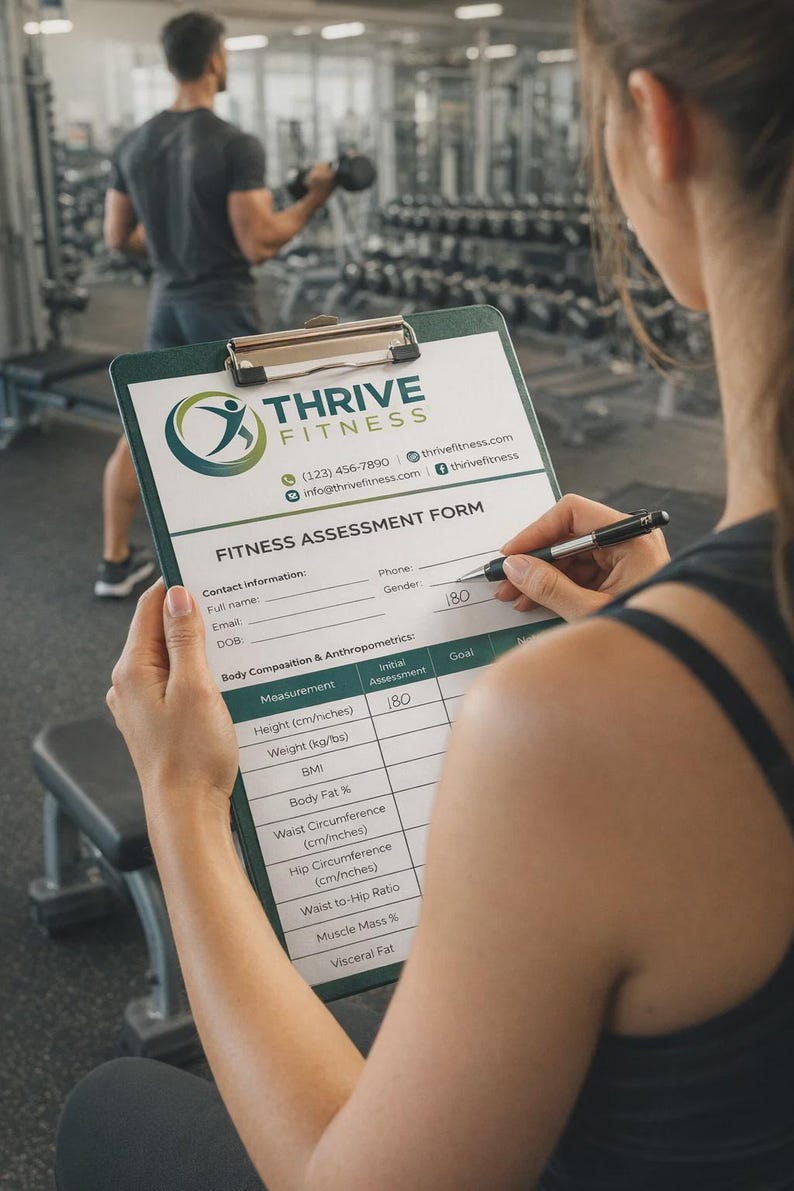 May include: A fitness assessment form from Thrive Fitness is held by a person in a gym. The form includes contact information and body composition measurements. The height is listed as 180 inches. A person is working out in the background.